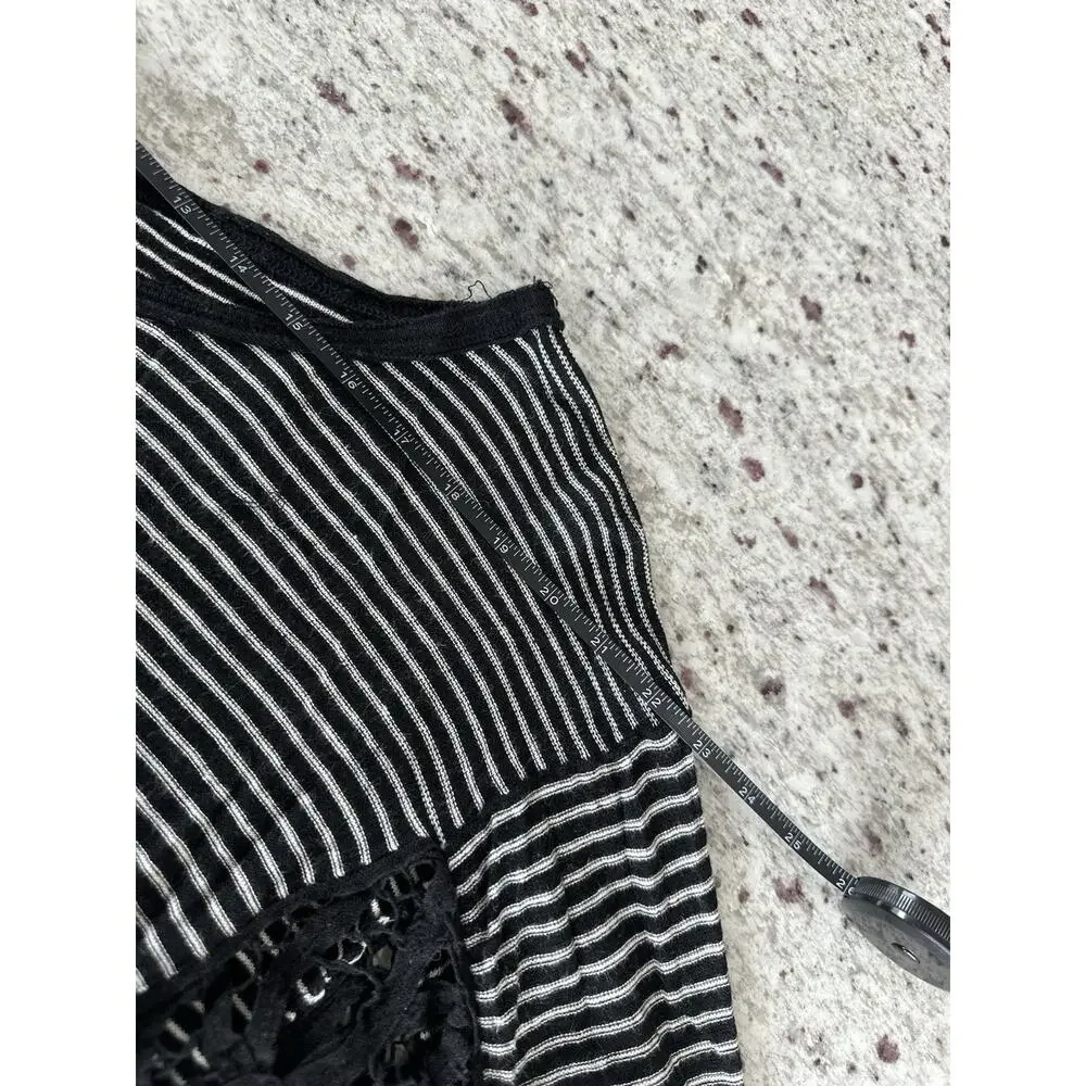 Free People Black White Striped Knit Lace Trim Scoop Neck Dolman Tunic L